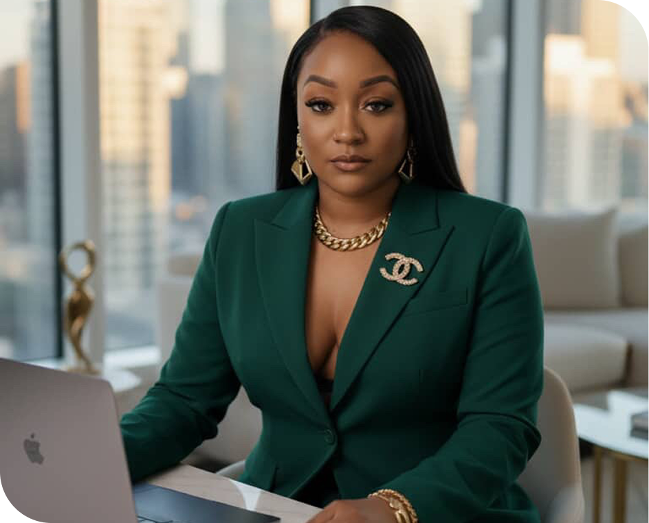 Woman in green blazer at desk